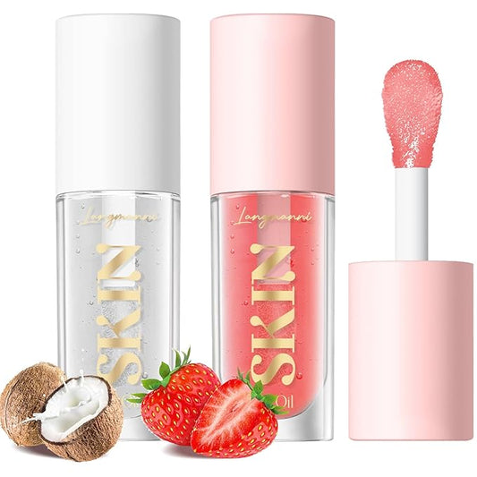 LANGMANNI Lip Oil,No-Sticky Gloss Lip Balm Lip Care,Fruit Flavoured Lip Oil For Dry Lip's Moisturizing Hydrating And Nourishing (Strawberry+Coco)-VivaGrace Women