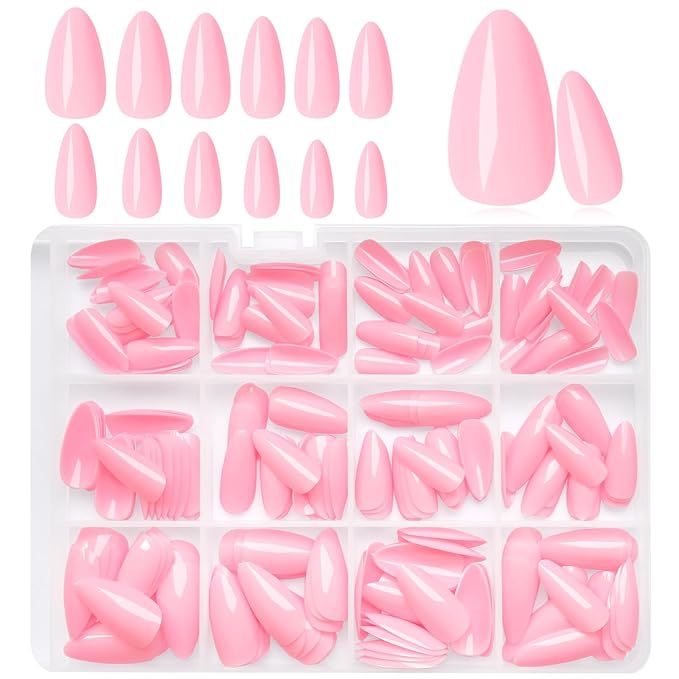 LoveOurHome 240pc Medium Almond Press on Nails Colored Pink Fake Nail Tips Full Cover Artificial Fingernail French Stiletto Manicure with Adhesive Tabs for Women Girls