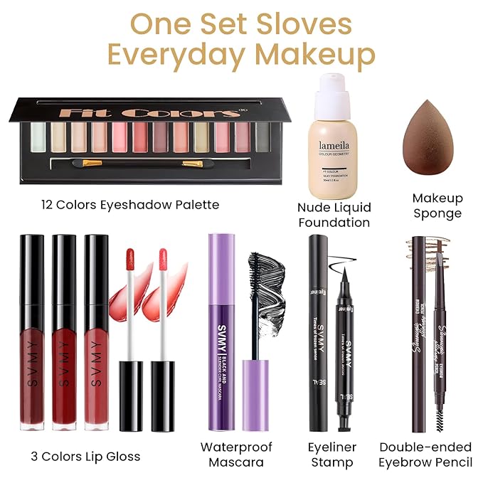Makeup Present Set for Teen Girl, Travel Makeup Kit for women, Makeup Full Kit for Beginner & Professionals, Makeup Bundle Include 12 Color Matte Eyeshadow Palette, Natutal Foundation, Lip Gloss-VivaGrace Women