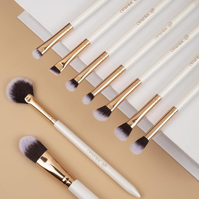 OMANIAC Makeup Brush Set Professional, 12 Pearlescent Wood Handle Makeup Brushes, Premium Cruelty-Free Synthetic Fiber Hair, Travel Make up Brushes Set with Case (White).-VivaGrace Women