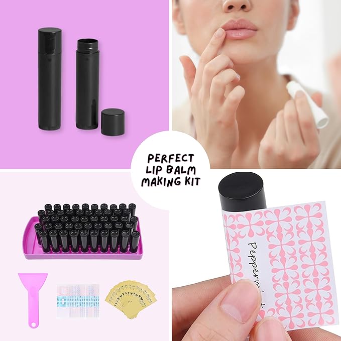 Lip Balm Filling Tray Kit - 1x Filling Tray, 1x Spatula, 50x Lip Balm Tubes (Black), 50x Writable Sticker (3 colors), 50x Printed Stickers (Transparent) - DIY Homemade Lip Balm - Gift Idea-VivaGrace Women