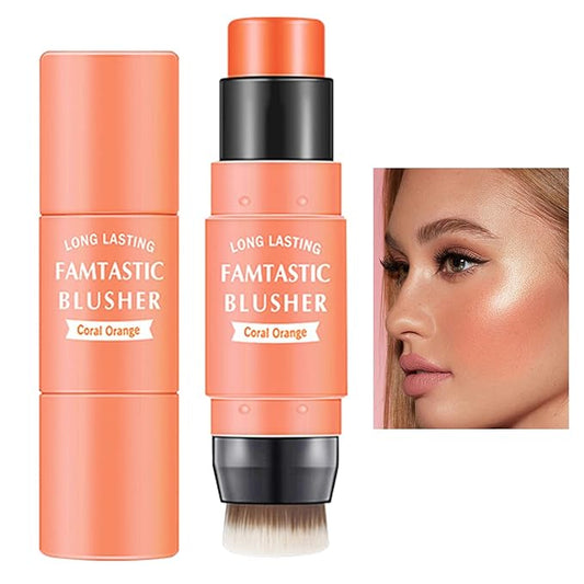 Cream Blush Stick with Brush,Waterproof Multi Cream Makeup Stick,Lightweight,Long-lasting,2 in 1 Multi Blush for Cheeks & Lip Tint & Eyeshadow Makeup(#03 Coral Orange)-VivaGrace Women