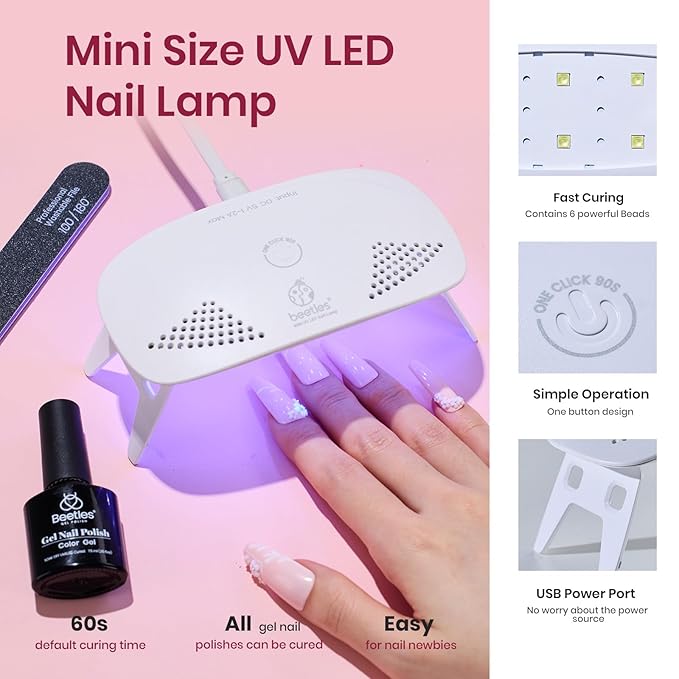 Beetles Nude Pink Gel Nail Polish Kit with UV LED Light Nail Lamp 6 Pcs Starter Kit Base Gel Top Coat Soak Off Nude Pink Polish Set with Nail File for DIY Manicure Gifts for Women