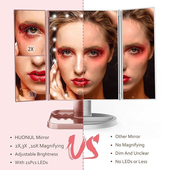 HUONUL Makeup Mirror, 10X 3X 2X Magnification, Lighted Makeup Mirror, Touch Control, Dual Power Supply, Portable LED Mirror, Women Gift (Rose Gold)-VivaGrace Women
