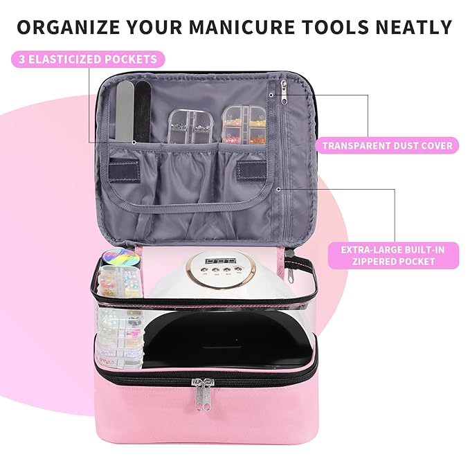 Clear Nail Polish Organizer Double layer Nail Polish Holds 30 Bottles and Nail Lamp, Nail Dryer Case Storage Supplies with Adjustable Dividers, Portable Nail Carrying Bag for Nail Tech (Pink)