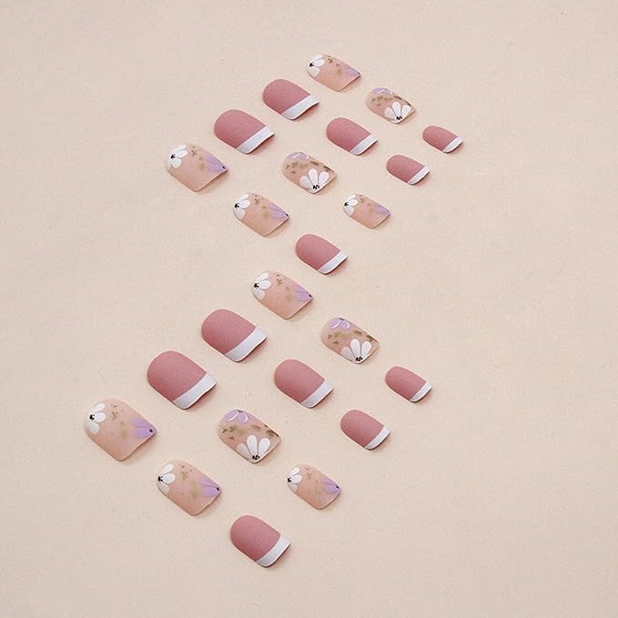 French Tip Press on Nails Short Petite Fake Nails Square Matte False Nails with Flower Designs Acrylic Nails Cute Extra Short Pink Glue on Nails Reusable Artificial Stick on Nails for Women Girls