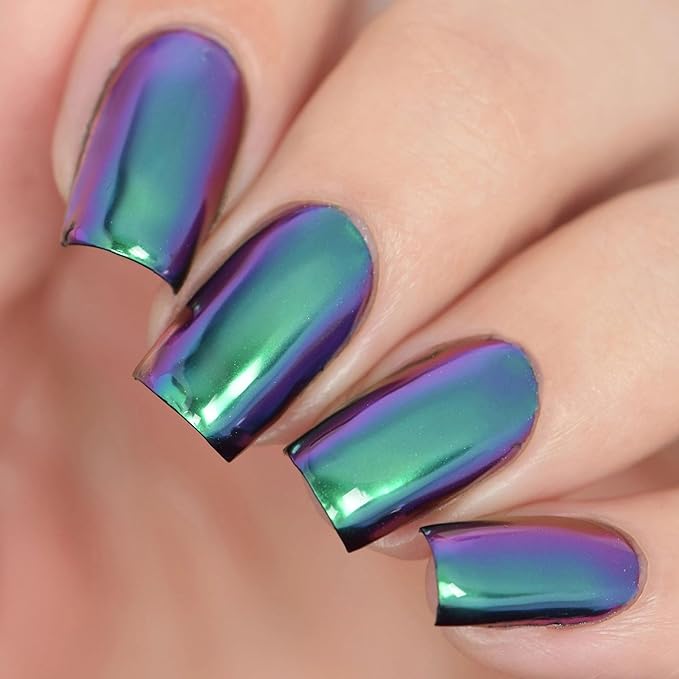 Press on Nails Square - Magic Chameleon Green Chrome Fake Nails Medium Acrylic Full Cover Glue on Nails in 12 Sizes - 24 Piece Nail Kit,Natural Fit for Women & Girls Daily Wear