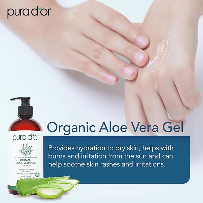 PURA D'OR 16 Oz ORGANIC Aloe Vera Gel - Unscented - All Natural - ZERO Artificial Preservatives - Deeply Hydrating & Moisturizing - Sunburn, Bug Bites, Rashes, Small Cuts, Eczema Relief - Skin & Hair-VivaGrace Women
