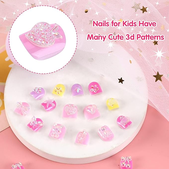 JANYUN Children False Nails, 96Pcs Stick on Nails for Kids Pre-glue Full Cover Short Fake Nails Party Favors Gift (3D)