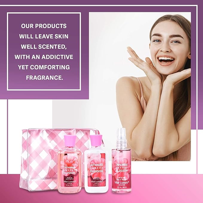 Bath & Body Kit Japanese Cherry Blossom, 3 Fl Oz, Ideal Skincare Gift, Home Spa Set, Includes Body Lotion, Shower Gel and Fragrance Mist, Perfect for Christmas Gifts and Festive Pampering-VivaGrace Women