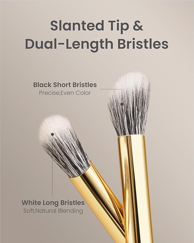 Desert Oak Series Stippling Brush - Dual-Length White & Gray LambsGoat Hair Bristles, Sloped Edge for Cream/Powder Perfection, Ebana Handle & Brass Ferrule (CM 168)-VivaGrace Women