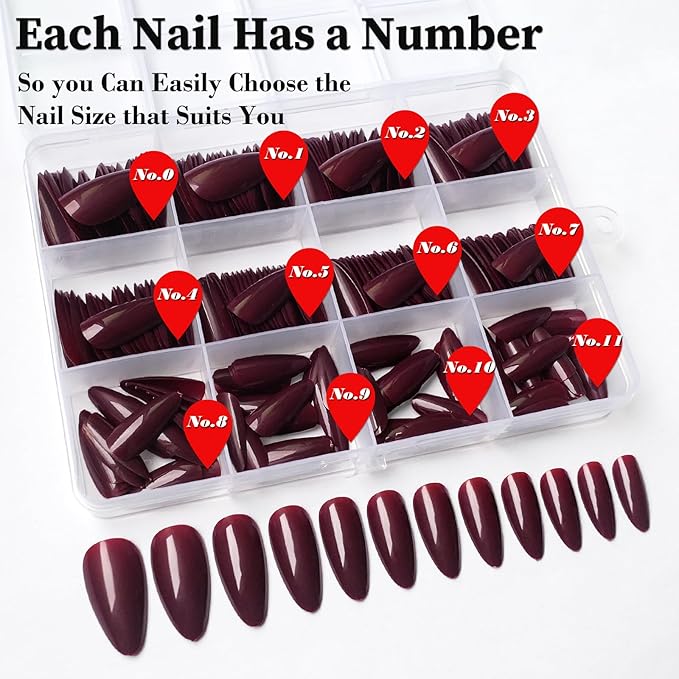 LoveOurHome 240pc Christmas Almond Press on Nails Medium Fake Nail Tips Acrylic Nails Press ons Nail Almond Burgundy Red Short Stiletto Artificial Fingernail & Glue Adhesive Tabs for Women Girls Kid