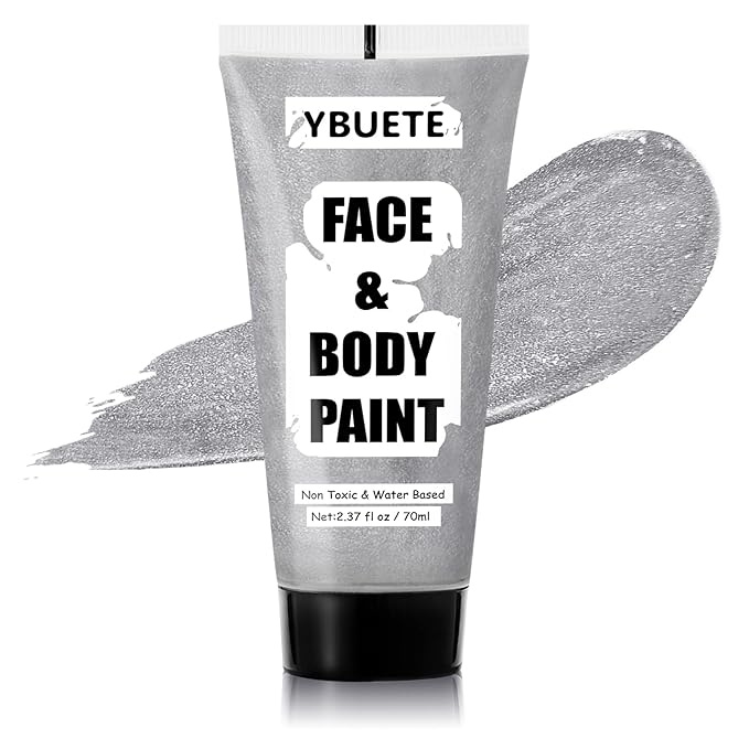 Sliver Water Based Face Body Paint, 2.37 OZ Large Tube Full Coverage Face Paint for Skull Goth Cosplay, Washable Metallic Silver Body Painting Cream for Adult Carnival Halloween SFX Makeup-VivaGrace Women