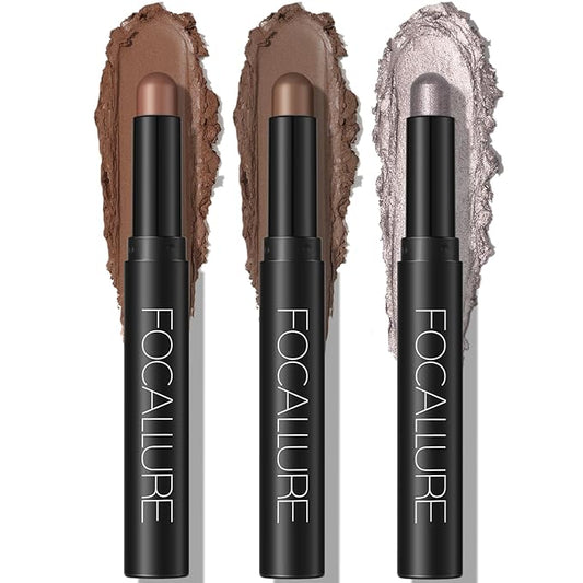FOCALLURE 3PCS Cream Eyeshadow Stick Sets,Matte and Shimmer Eye Brightener, High Pigmented Crease-proof Pencil,Long Lasting Eye Shadow Highlighter Makeup,Silver Mocha-VivaGrace Women