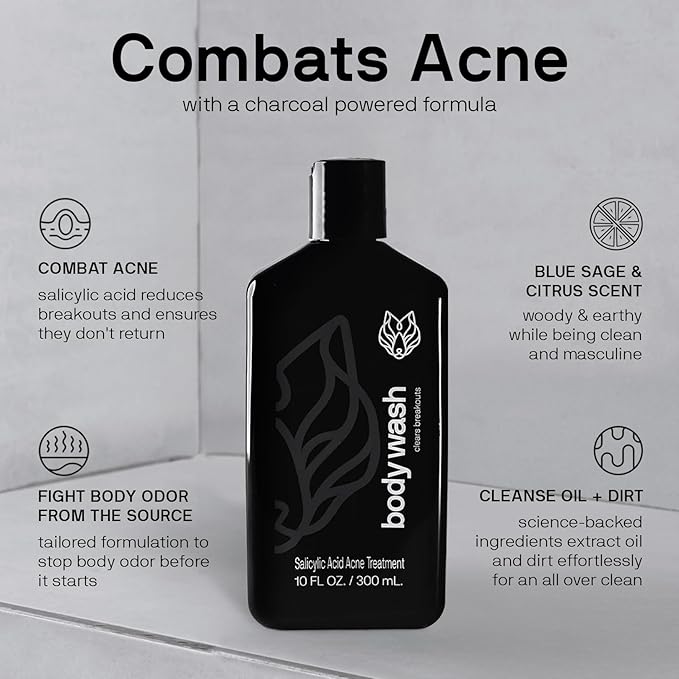 Black Wolf Skincare with Scrubber Gift Set for Men, Body Acne System - Shower Set with 10 Fl Oz, 3 Pack Charcoal Powder & Salicylic Acid for All Skin Types - Rich Lather for Coverage & Deep Clean