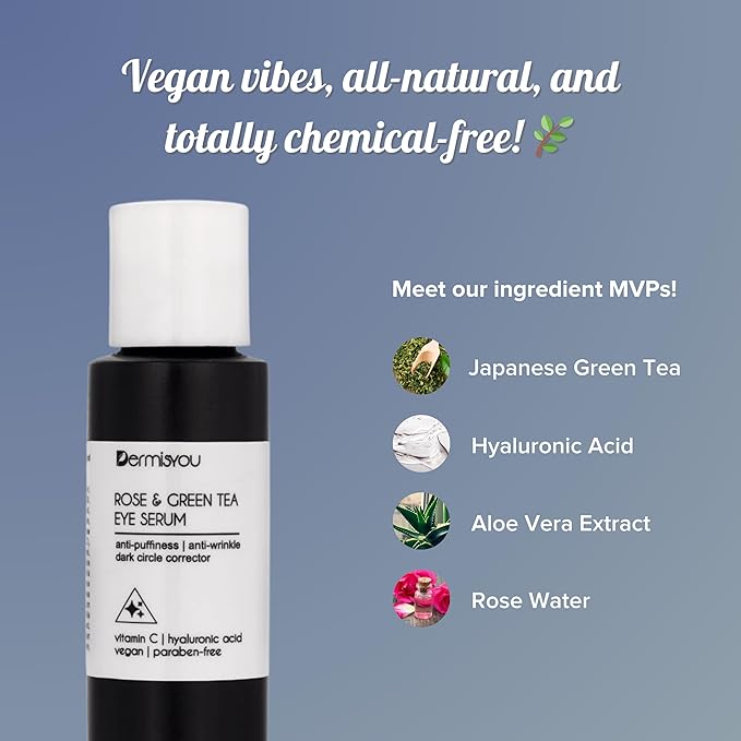 Eye Serum Anti Aging Rose and Green Tea 1.33 OZ with Hyaluronic Acid, Vitamin C and E Anti Puffiness, Anti Wrinkle, Dark Circles Skin Care Products (PACKAGING MAY VARY)-VivaGrace Women
