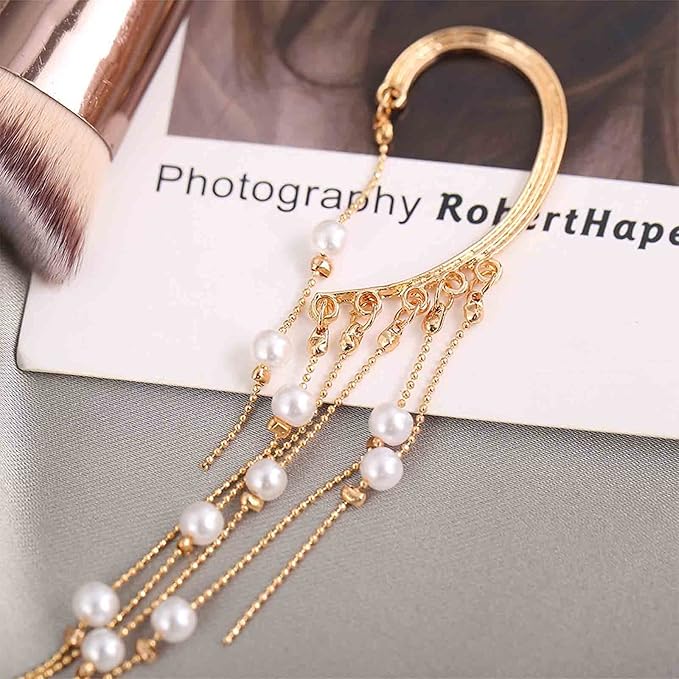 Boho Pearl Ear Wrap Earrings Gold Pearl Ear Cuff Earrings Long Drop Tassel Pearl Earrings Festival Gothic Earrings Non Piercing Ear Climber Cartilage Earrings Jewelry for Women and Girls-VivaGrace Women