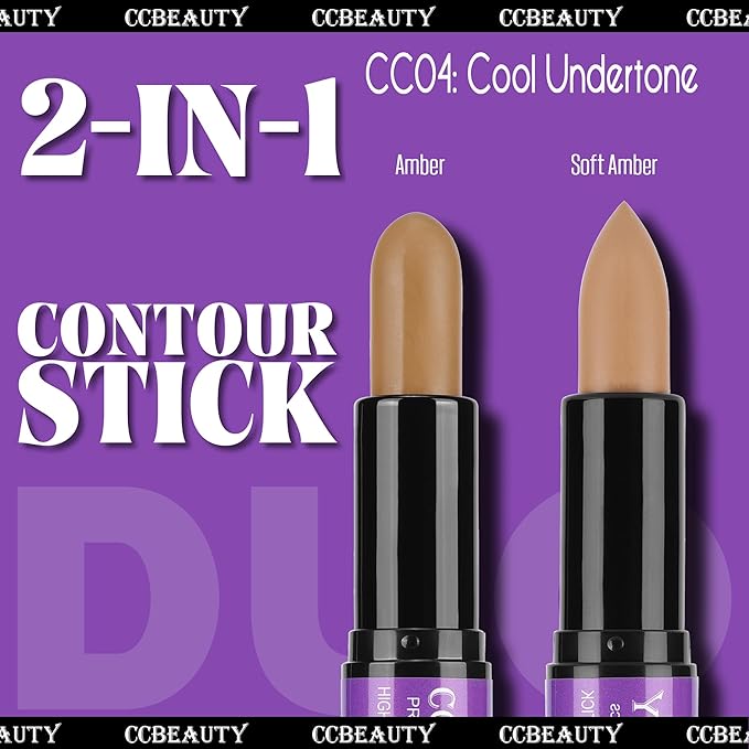 CCbeauty 2pcs 2-IN-1 Matte Contour Concealer Stick Cool Tone with Blush,Cream Blendable Bronzer & Blusher for Cheeks & Lip,Long Lasting & Waterproof Contouring for Face Shaping Makeup,AMBER/SOFT AMBER-VivaGrace Women