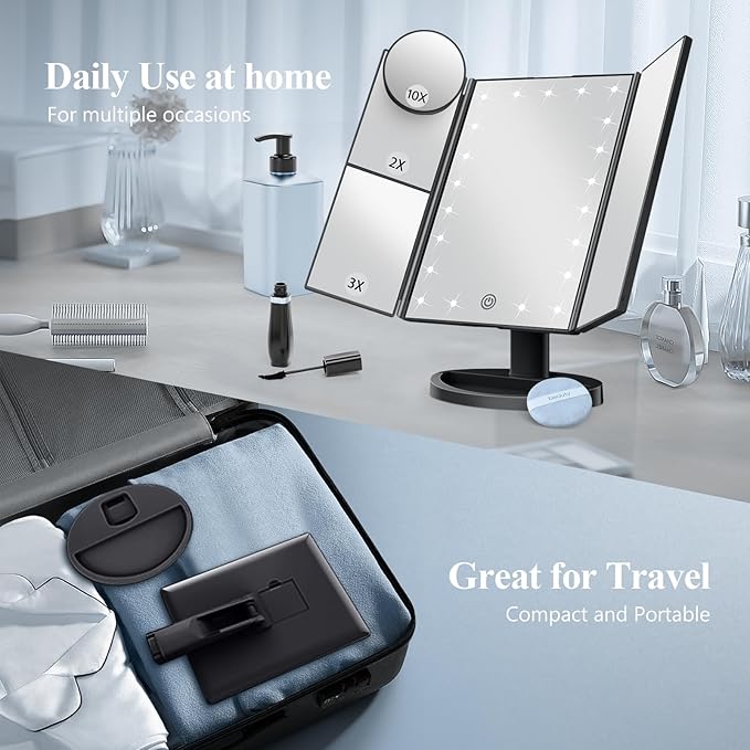 HUONUL Makeup Mirror Vanity with Lights, 2X 3X 10X Magnification, Lighted Mirror, Touch Control, Trifold Dual Power Supply, Portable LED Women Gift (Black)-VivaGrace Women