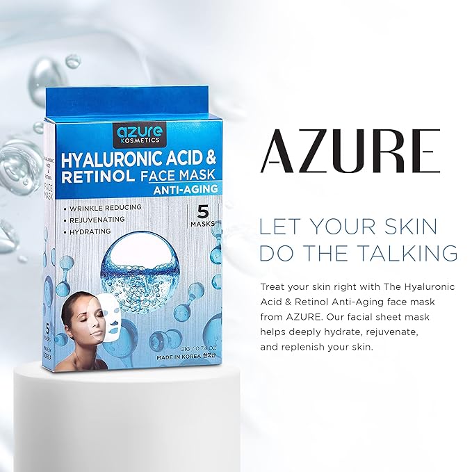 Azure Cosmetics Hyaluronic Acid & Retinol Face Mask - Dermatologist Tested - Rejuvenating & Hydrating Sheet Mask - Reduce Fine Lines & Wrinkles, Smooths & Repairs - Korean Skin Care - Pack of 5-VivaGrace Women