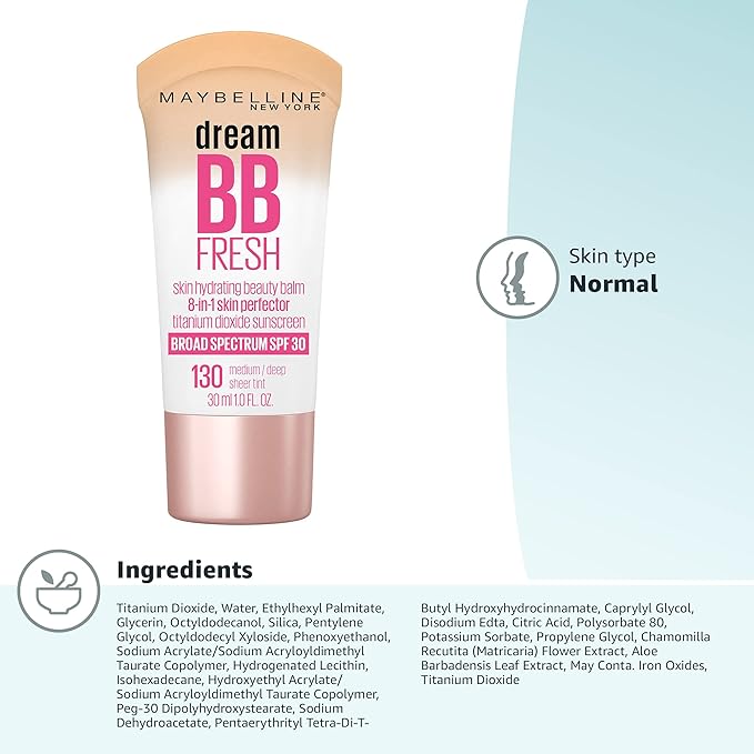 Maybelline Dream Fresh Skin Hydrating BB cream, 8-in-1 Skin Perfecting Beauty Balm with Broad Spectrum SPF 30, Sheer Tint Coverage, Oil-Free, Medium/Deep, 1 Fl Oz-VivaGrace Women