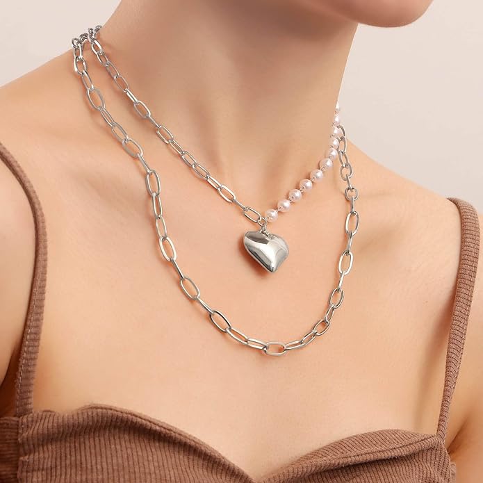 Boho Layered Pearl Choker Necklace Chain Vintage Gold Heart Pendant Cuban Chain Necklace Rock Statement Pearl Heart Necklace Asymmetrical Pearl Strand Necklace Jewelry for Women and Girls-VivaGrace Women