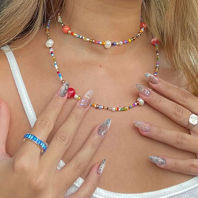 Press on Nails Medium Almond Fake Nails Glossy Glue on Nails Silver 3D Swirl Acrylic Nails Artificial False Nails with Luxury Designs for Women