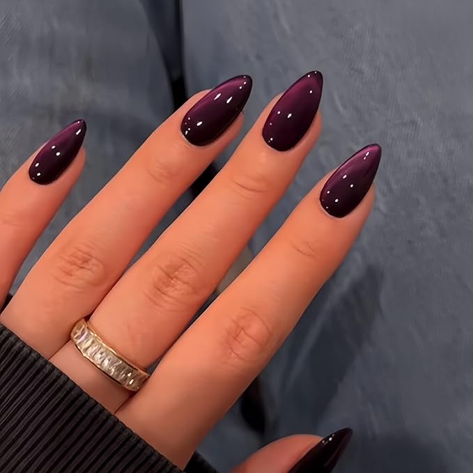 KQueenest Purple Cat Eye Press on Nails Almond Shape, 30 Pcs Black Glitter Fake Nails Medium, Thick Dark Sparkly Nails Press on, Shiny Acrylic Nails, Cute Bling Stick on Nails for Women