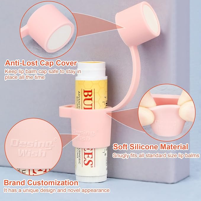 Desing Wish Silicone Lip Balm Holder with Cap Cover Portable Chapstick Holder Keychain Sleeve Lip Balm Key Chain with Key Ring and Wrist Strap Lanyard - Pink-VivaGrace Women