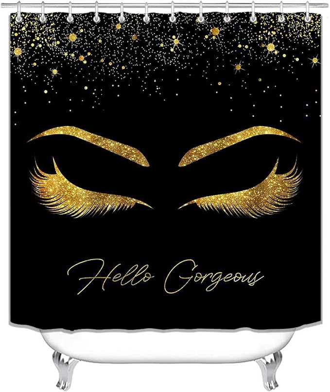 4PCS Unicorn Eyelash Shower Curtain Set, Luxury Gold Glitter Eyebrow Makeup Confetti Hello Gorgeous Glam Modern Fashion Black Women Bathroom Decor, Non-slip Bath Mat Toilet Rug, Gold Eyelash-VivaGrace Women