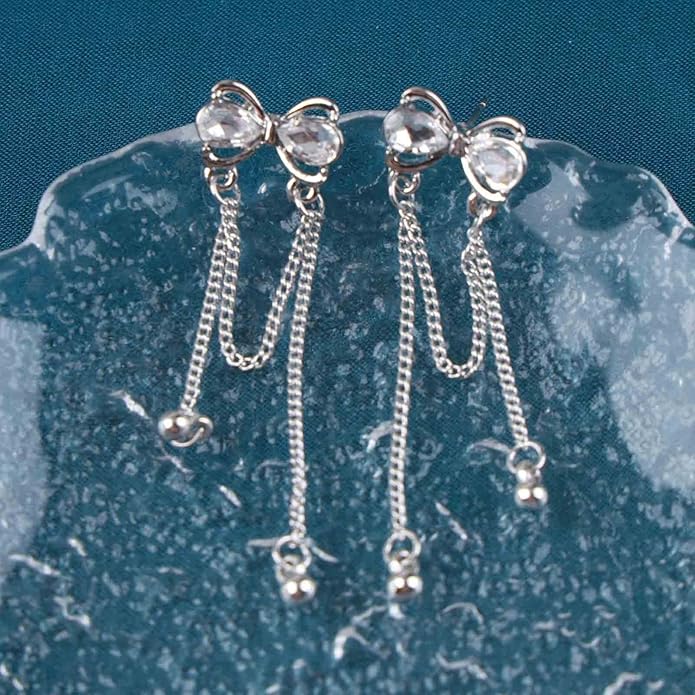 Vintage Crystal Bow Earrings Rhinestone Chain Drop Earrings Silver Long Chain Dangle Earrings Long Tassel Chain Earrings Jewelry for Women-VivaGrace Women