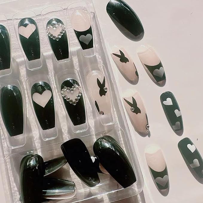Long Heart Press on Nails Square Coffin Fake Nails with Love Diamond Glitter Design - Black French Tip Press on Nails Long Heart False Nails Artificial Nail for Women Girls Decorations 24pcs