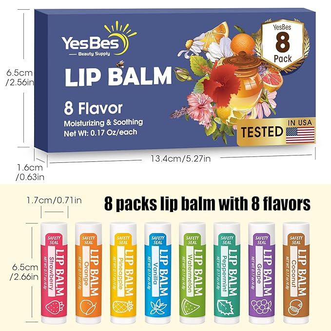 Lip Balm, 8 Pack Natural Bulk with Vitamin E & Coconut Oil, Moisturizing Dry Cracked Lips Protection, 8 Flavors - Stocking Stuffers-VivaGrace Women