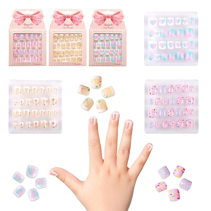 Kids Press on Nails Children Fake Nails 72PCS Artificial Nail Tips Adhesive Full Cover Short False Fingernails for Girls Kids Nail Decoration (French Donut Heart)