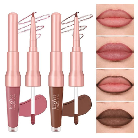 2 PCS Lip Liner and Lip Stain Combo Set, High Pigmented Long Lasting Velvet Lip Tint, Well-Defined Lipliner, Weightless Waterproof Not Animal Tested, Matte Finish Makeup-VivaGrace Women