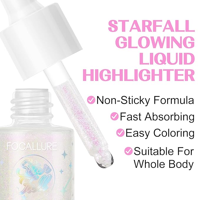 FOCALLURE Starfall Glowing Liquid Highlighter, Shimmering Body Oil, Non-Sticky Shimmer Liquid Luminizer, Non-Greasy, Face & Body Glitter Makeup for Costumes, Cosplay, Rave Festival, MADAMA BUTTERFLY-VivaGrace Women