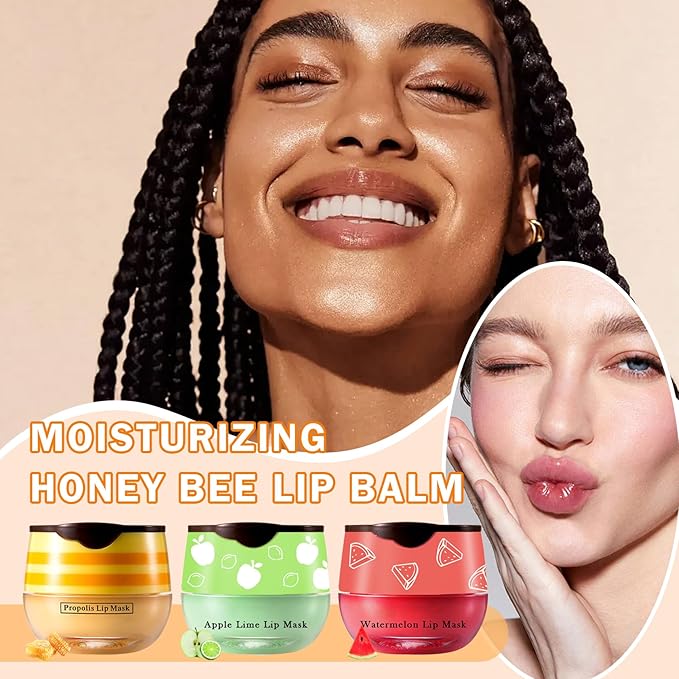 3PCS Bee Lip Balm Honey Pot Honey Watermelon Green Apple Lip Balm Lip Sleeping Mask Moisturizing Hydrating Bee Lip Balm Lip Care Products for All Skin Types (Honey Watermelon Green Apple)-VivaGrace Women