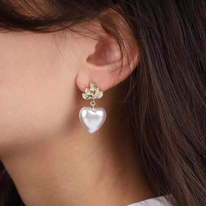 Vintage Pearl Heart Dangle Earrings Heart Pearl Drop Earrings Gold Leaf Stud Earrings Heart Love Earrings Jewelry for Women-VivaGrace Women