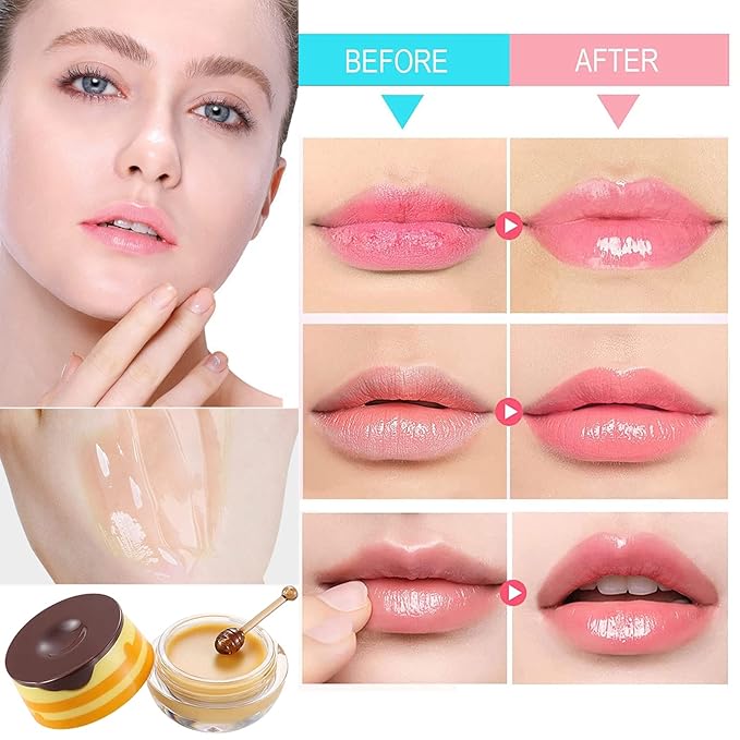 2Pcs Bee Lip Balm Honey Pot, Honey & Strawberry Lip Balm Moisturizing Lip Sleep Mask with Stick Hydrating & Prevention Dry and Cracked Lip Scrubs Exfoliator, Reduces Lip Lines-VivaGrace Women