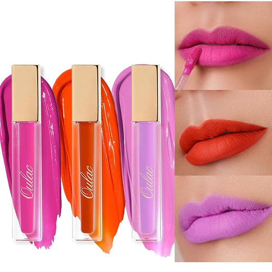 Oulac Pink Matte Lipstick Set for Women,Purple, Orange Lip Stain Long Lasting Waterproof, No Transfer, Creamy High Pigmented Formula with Rose Oil, Vegan & Cruelty-Free (M06+M07+M14)-VivaGrace Women