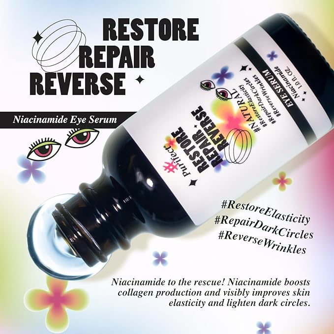 Made in USA Natural Peptide Retinol Niacinamide Eye Serum Anti Aging Brightening Firming Under Eye Care Non-greasy Formula - 1oz/30ml (#Purifect RestoreRepairReverse Niacinamide Eye Serum)-VivaGrace Women