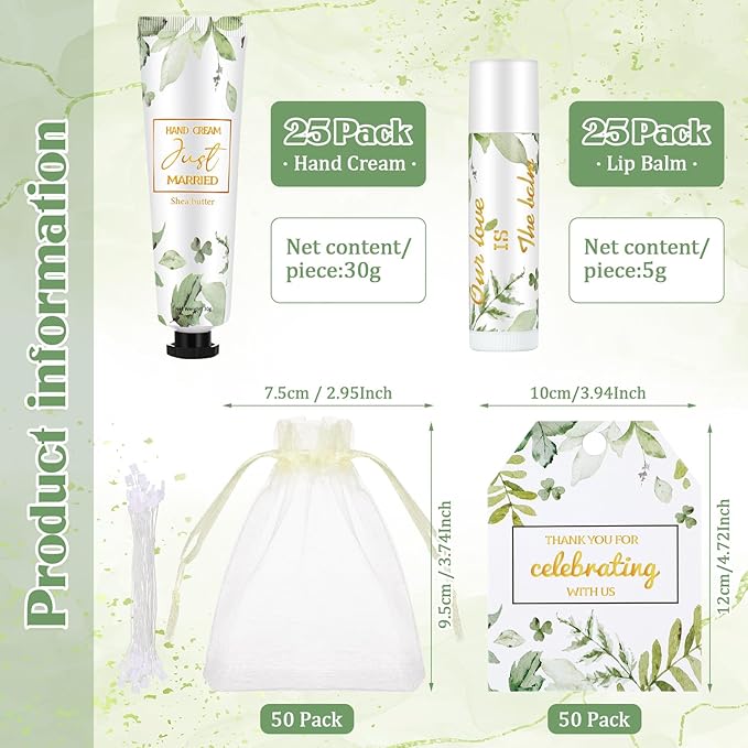 25 Set Wedding Lip Balms and Hand Cream Gift Set Include 25 Moisturizing Hand Care Cream 25 Lip Balms with Thank You Cards and Bags Bridesmaid Gift Set for Bridal Shower Wedding(Greenery)-VivaGrace Women
