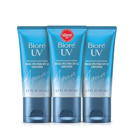 Biore UV Aqua Rich Daily Hydrating Facial Moisturizer with SPF 50 | Oil Free Sunscreen & Primer for Makeup with Hyaluronic Acid, No White Cast, Non-Comedogenic, For Sensitive Skin, 1.7 Oz, 3pck-VivaGrace Women