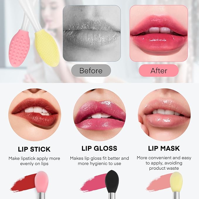 Unaone Lip Scrub Brush - 3 PCS Dual-ended Lip Scrubber Exfoliator and Silicone Lip Brush, 2-in-1 Silicone Lip Scrub Tool Lip Mask Applicator, Gentle Exfoliator & Applicator for Soft-VivaGrace Women