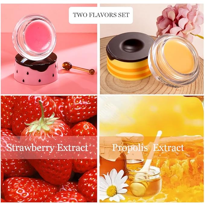Bee Lip Balm Honey Pot, 2 PCS Strawberry & Honey Hydrating Prevention Dry and Cracked Lip Scrubs Exfoliator, Propolis Moisturizing Lip Sleep Mask Reduces Lip Lines, Lip Exfoliating Honey Bee Lip Mask-VivaGrace Women