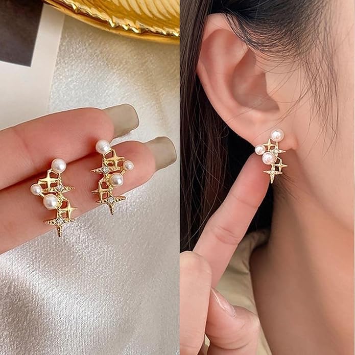 Vintage Pearl Star Earrings Rhinestone Pearl Drop Earrings Gold Crystal North Star Earrings Cz Northstar Studs Earrings Jewelry for Women-VivaGrace Women