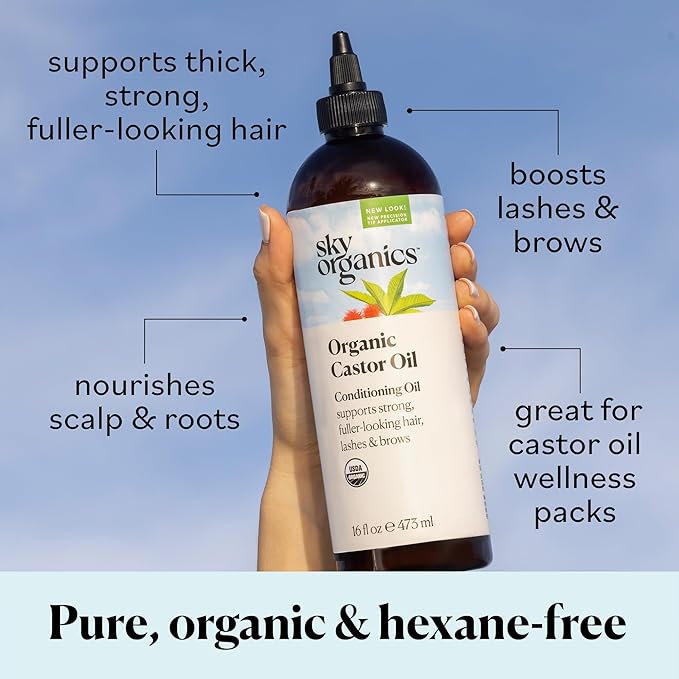 Sky Organics Organic Castor Oil for Hair, Lashes & Brows 100% Pure & Cold-Pressed USDA Certified Organic to Strengthen, Moisturize & Condition, 16 fl. Oz