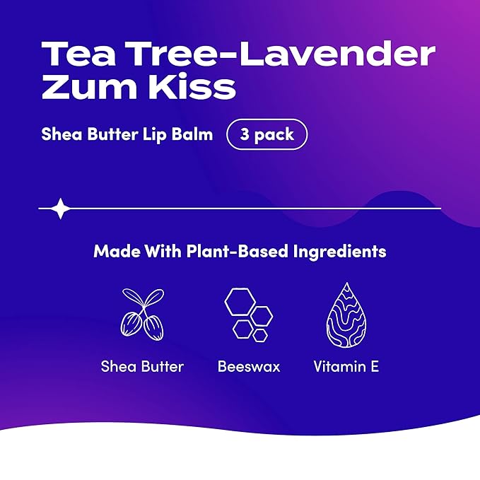 Zum Tea Tree-Lavender Kiss Stick (Pack of 3) with Certified Organic Sunflower Seed Oil, Beeswax, Shea Butter, Pure Essential Oils, Candelila Wax, Vitamin E and Honey, 0.15 oz-VivaGrace Women