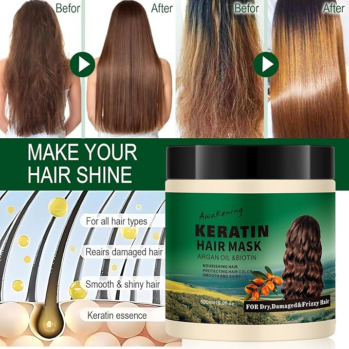 Hair Mask Deep Treatment Conditioner Collagen Protein Argan Oil Biotin Repair For Dry Damaged Frizzy Curly All Hair Types(16.9 Fl Oz/500ml) (keratin)-VivaGrace Women