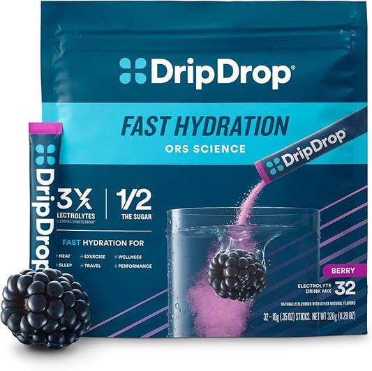 DripDrop Hydration Packets - Berry - Single Serve Electrolytes Powder Drink Mix - Non-GMO, Gluten Free, Vegan - 32 Sticks-VivaGrace Women